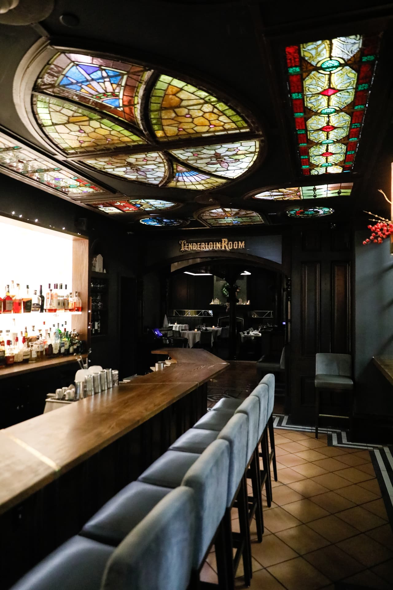 The bar under its original stained-glass ceiling