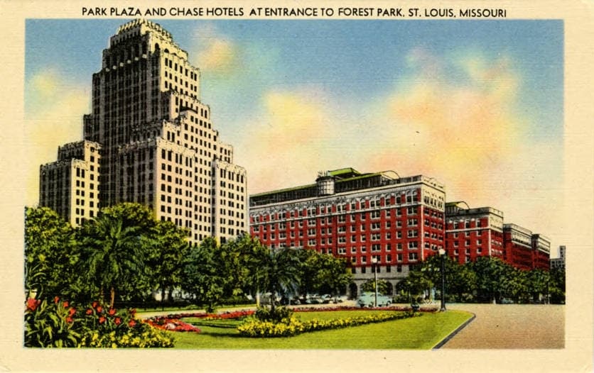 A 1940s postcard of the Park Plaza and Chase hotels at the entrance to Forest Park